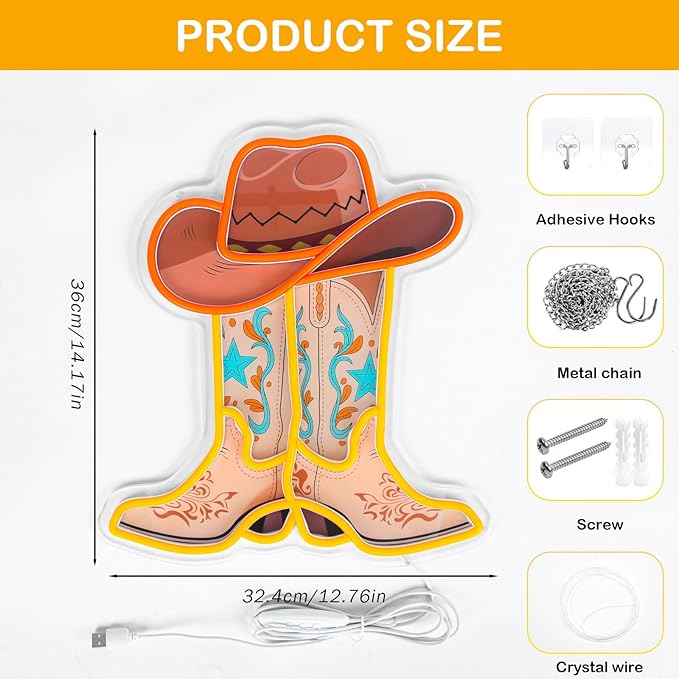 Cowboy Boot Neon Sign for Wall Decor Cowboy Hat Light Up Sign Dimmable Western Neon Sign for Game Room, Bedroom, Man Cave, Bar, Country Party Decor Rodeo Gifts for Birthday, Christmas