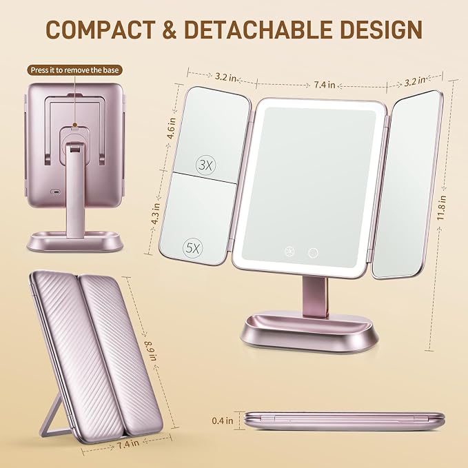FRANO Lighted Makeup Mirror with 1X/3X/5X Magnification, Rechargeable Trifold Mirror, Smart Sensor & 3 Light Colors, Portable Cosmetic Vanity Mirror for Women - Metallic Purple