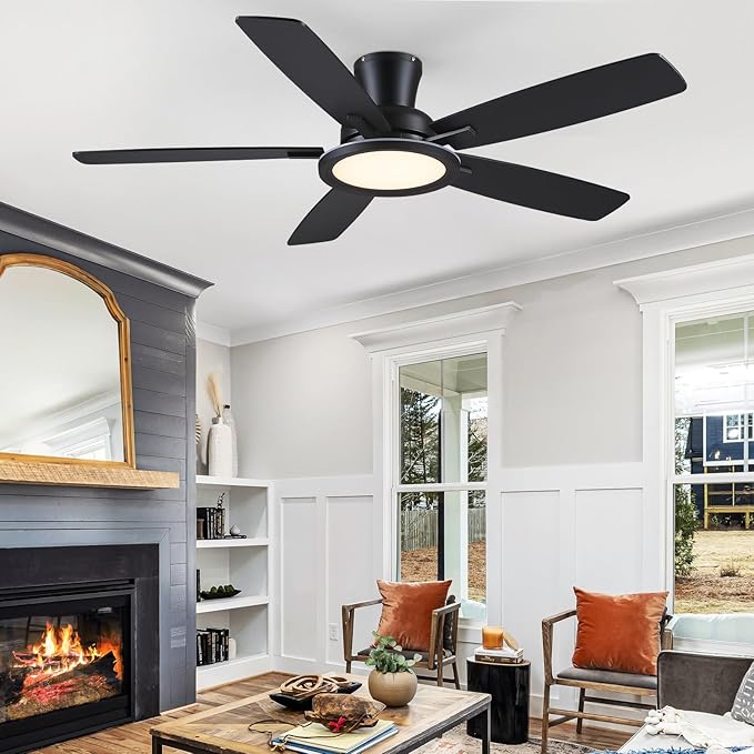 Flush Mount Ceiling Fan with RGB Light - 52In Black Ceiling Fan Light with Reversible Mute Motor, LED 3CCT Dimmable, Low Profile Modern Ceiling Fans for Indoor, Party, Covered Outdoor