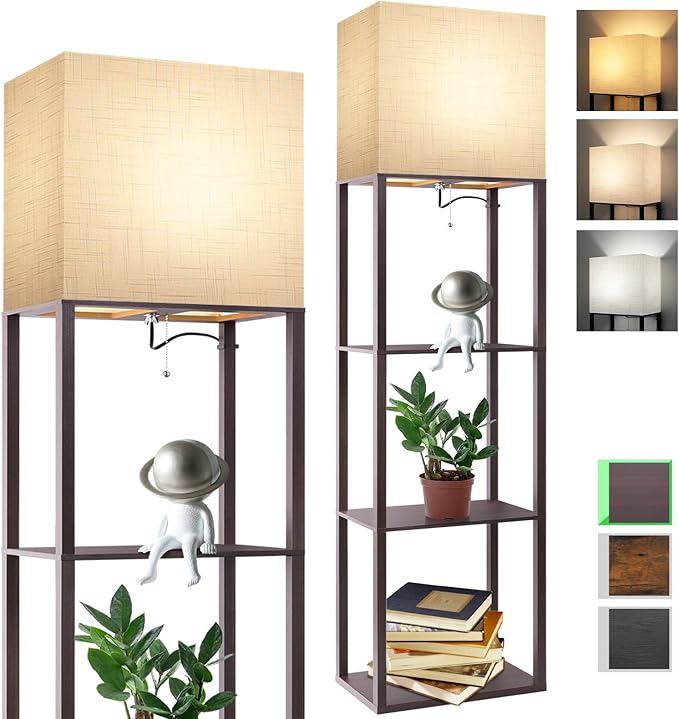 Plus - Floor Lamp with Shelves, Wide Shelf Lamp, Shelf Floor Lamp with 15W LED Bulb, 3 Colors Temperature, Memory Function, Large Display Storage, Standing Lamps for Living Room, Bedroom, Wood