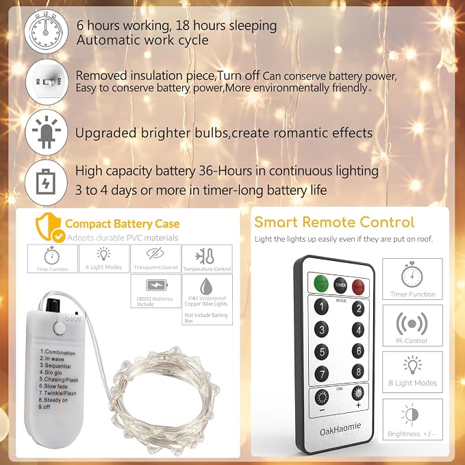 6 Pack Fairy Lights Battery Operated With Timer,2 Remotes,20 LED Warm White | 6.5ft Twinkle Lights,Waterproof Silver Wire Firefly Lights DIY Mason Jar Wedding Party Christmas Centerpiece Table Deco