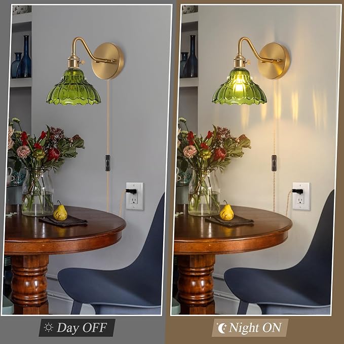 Plug-in Wall Sconce (Set of 2), Vintage Wall Decorative Lamp with Green Glass Shade, Indoor Brass Plug-in Wall Sconce for Bedroom, Living Room, Bathroom, Hallway