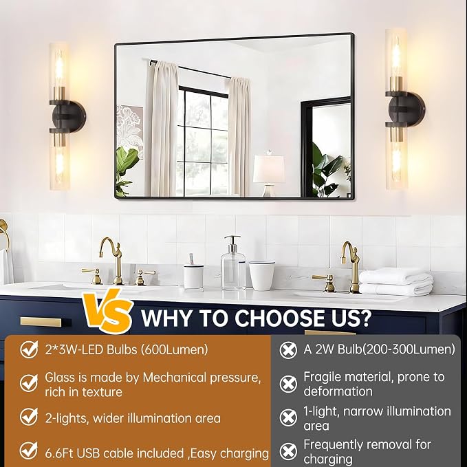 Shenmoyl Battery Operated Wall Sconces Set of Two,21" Black & Gold Rechargeable Wall Lighting Fixtures, Dimmable Wall Lights with Remote & Clear Glass Shade for Living Room,Bathroom,Bedroom