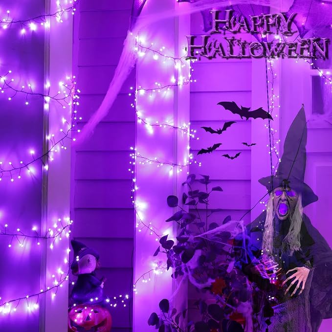 Halloween Fairy Lights Plug in, String Lights for Halloween Decorations | 10FT 200LEDs, 1 Pack with Remote, Purple, Waterproof Firecracker Lights for Ceiling Window Bar Haunted Theme Halloween Decor