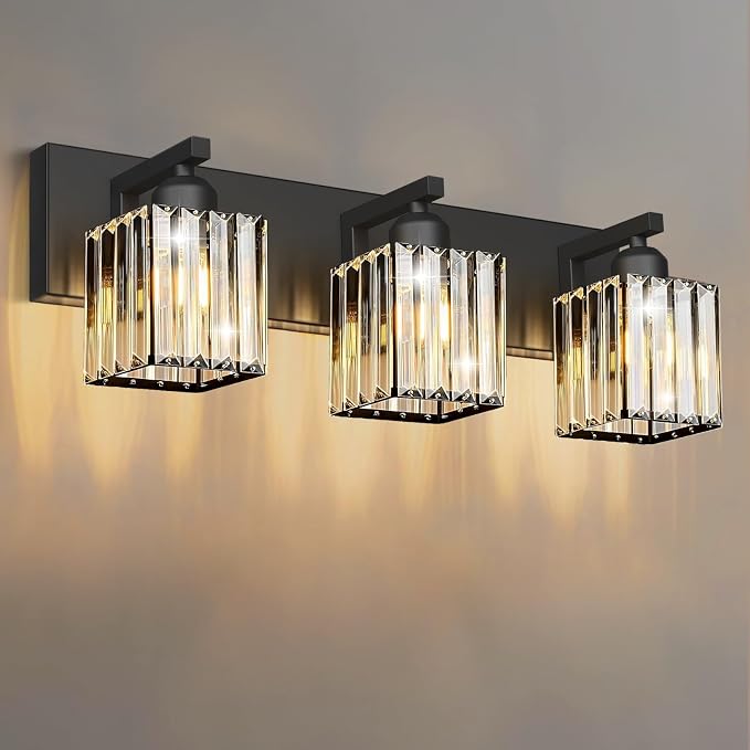 Black Crystal Bathroom Vanity Light, 3-Light Modern Bathroom Lighting Fixtures Over Mirror, Matte Black Wall Sconce Light Fixtures with Square Shade