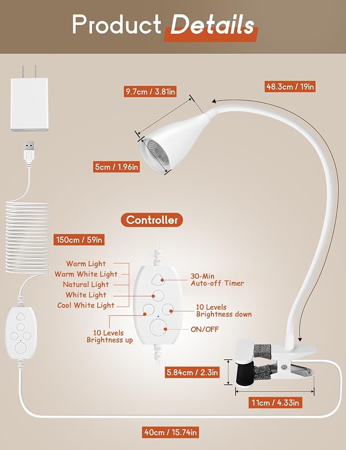 2 PCS Reading Light for Book in Bed,Clip on Light Reading Lamp with Adapter | 5 Color Modes 10 Brightness, Eye-Caring Clip on Desk Lamp Book Light for Reading in Bed Headboard Bedside Bedroom (White)