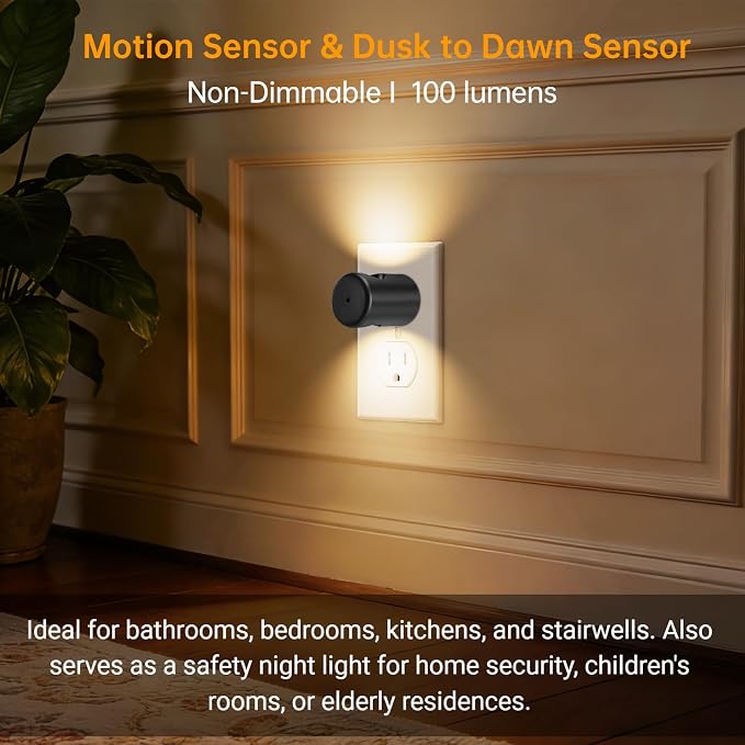 TSEXES LED Motion Sensor Night Light,Plug into Wall Night Light,4-Pack | Dusk to Dawn Sensor, 90° Rotating Plug,Auto On/Off, 3000K Soft White, 100 Lumens, Non-Dimmable
