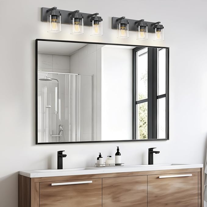Black Bathroom Light Fixtures, 3 Lights Bathroom Lighting Fixtures Over Mirror, Square Design & Rectangle Large Backplate, Modern Vanity Lighting Fixtures, for Bathroom/Living Room/Bedroom