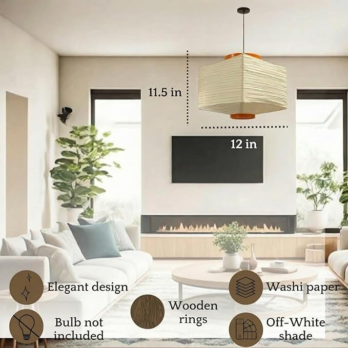 Nogy Paper Lantern Lamp Japanese Style Pendant Light - Off White Rice Hanging Paper Lamp Shade with Cord (Hardwired, 11.5)