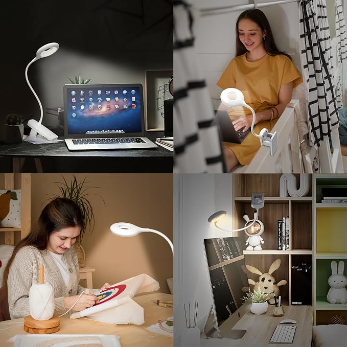 CUHIOY Rechargeable Clip on Reading Light for Bed Headboard, White, 1 Pack | Battery Clamp Bunk Bed Light, 5 Colors 5 Brightness Flexible Neck Desk Lamp, Flicker-Free Touch Control Kids Book Light