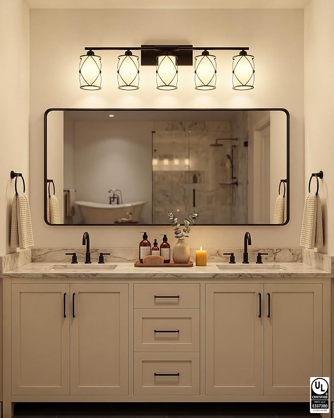 5-Light Matte Black Bathroom Light Fixtures Over Mirror, 38" UL-Listed Modern Farmhouse Wall Sconce Lights with Milk White Frosted Glass and Metal Cage for Bath, E26, CH9176BKW-5W