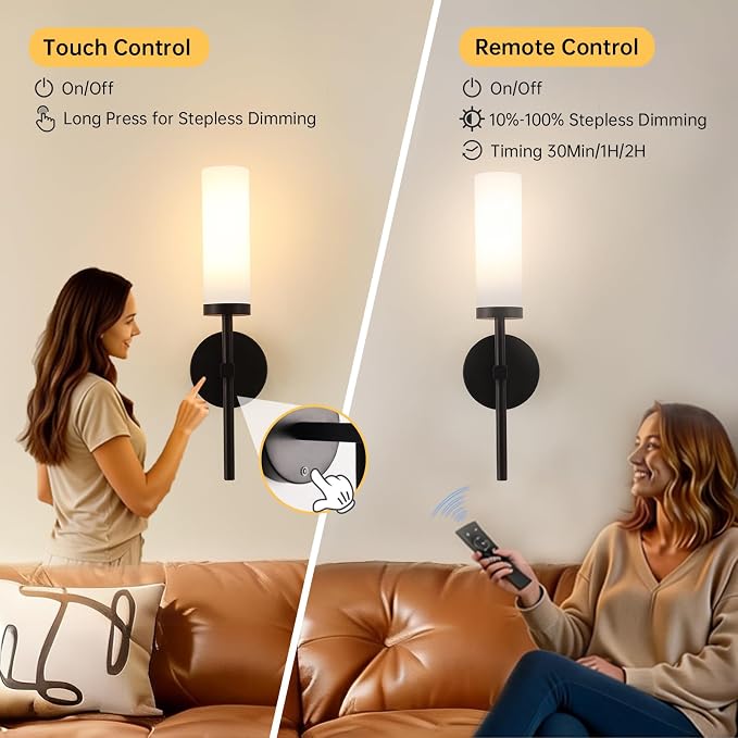 Shenmoyl Battery Operated Wall Sconces Set of 2, Black Rechargeable Wall Lighting Fixtures, Dimmable Wall Lights with Remote & Opal Glass Shade for Living Room, Bathroom,Bedroom