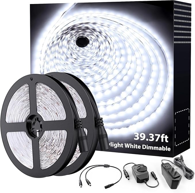 Onforu LED Strip Lights,39.37ft 6000K Dimmable Daylight White Tape Light,12m 720 LEDs 2835 Flexible Ribbon Mirror Light, 12V Adhesive Rope Lights for Kitchen, Under Cabinet, Bedroom