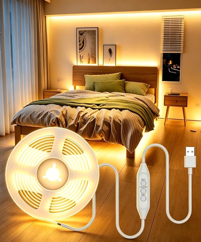 6FT USB COB LED Light Strip, Cuttable Behind TV Backlight, Bright Warm White 5V Strip Lights for Bedroom Kitchen, Small Short Dimmable LEDs Strips Under Bed Cabinet, Luces LED para TV Cocina Cuarto