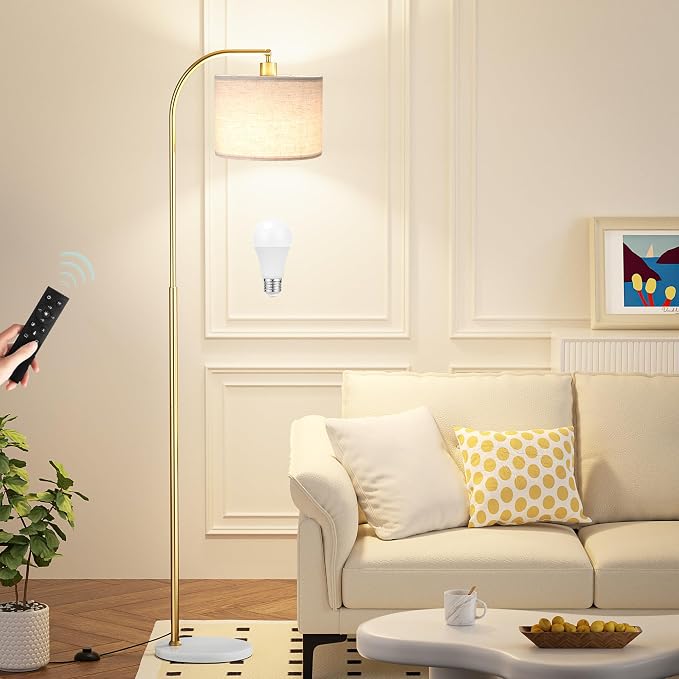 Arc Floor Lamp with Remote and Stepless Dimmable Bulb, Colors Temperature & Brightness Adjustable, Gold Pole & Marble Base