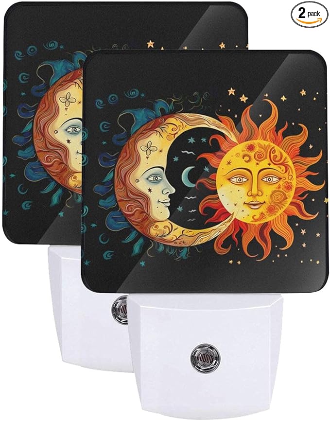 Golden Sun Night Light Set of 2, Moon and Stars Auto Sensor LED Dusk-to-Dawn Nightlights, Plug-in Sensor Lamp for Bedroom Bathroom Kitchen Hallway Stairs Decorative
