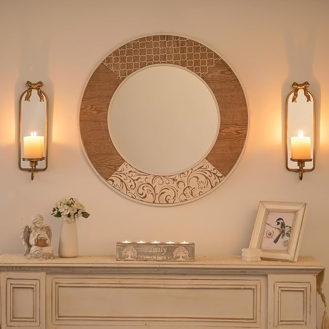 Gold Mirrored Candle Sconces Set of 2 with Arch Metal Frame | Wall Candle Holder, with Detachable Bow, Vintage French, for Pillars or Taper Candles, Beside Fireplace TV