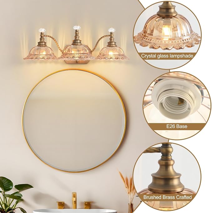 Vintage Bathroom Vanity Light Fixtures, 3-Light Matte Brass Finish Vanity Light with Flower-Shaped Amber Glass Shades, Retro Wall Sconce for Mirror, Powder Room, Bedroom