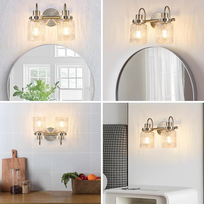 2 Lights Hammered Glass Bathroom Vanity Light,Brushed Nickel | Easy Installation,Up or Down,Farmhouse Modern Style,E26 Socket,ETL Certification