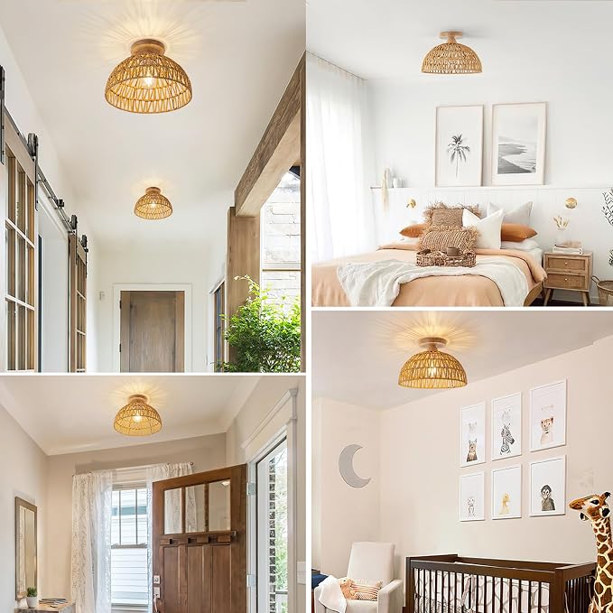 2 Packs Boho Light Rattan Chandelier Ceiling Lighting Fixtures,Boho Lamp Shade Flush Mount Ceiling Light Hand-Woven Small Chandelier for Hallway Bedroom Kitchen Nursery Lights