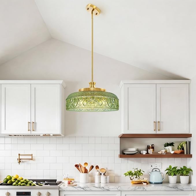 3-Light Pendant Light, Adjustable Pendant Lights Kitchen Island, Green | Farmhouse Pendant Ceiling Hanging Light Fixtures with Glass Shade for Living Room Corridor, Height Angle Adjustable, 3*E12