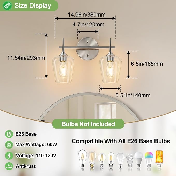 MOKATNG 2-Light Bathroom Light Fixtures, Brushed Nickel Vanity Lights for Bathroom with Clear Glass, Bathroom Lighting Fixtures Over Mirror, Modern Wall lamp for Cabinet Hallway