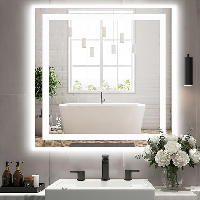 DUMOS 36"x36" Smart Anti-Fog LED Bathroom Mirror with 3 Color Temperatures, Dimmable, Memory Function, Rectangle Modern Vanity Mirror