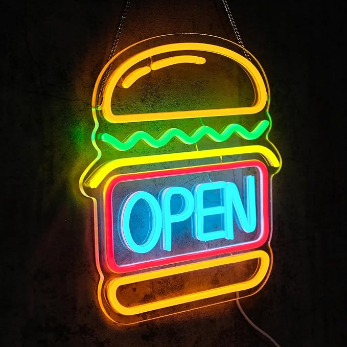 Burgers Open Neon Sign for Wall Decor Dimmable Hamburger Led Lights Signs Open Signs for Business Food Neon Light Room Decor for Bar Party Snack Shop Restaurant Gift USB Powered