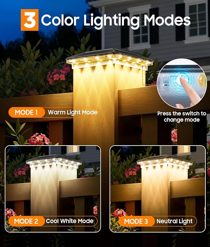 2 Pack 4x4 Solar Post Cap Lights Outdoor, 3 Lighting Modes Fence Post Solar Lights, Waterproof Focused Lens Deck Fence Post Cap Lights Solar Powered for 4x4 Wooden/Vinyl Posts in Deck Railing