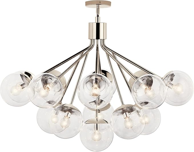 Kichler Silvarious 16-Light Convertible Chandelier, Soft Modern Light with Clear Glass in Polished Nickel, for Dining Room, Living Room or Foyer (26" x 38"), 52702PNCLR