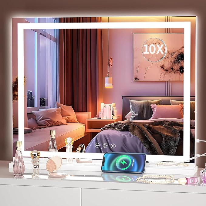 Hasipu Vanity Mirror with Lights, 23" x 18" LED Makeup Mirror, Lighted Makeup Mirror with Dimmable 3 Modes, Touch Screen Control Vanity Mirror Square White