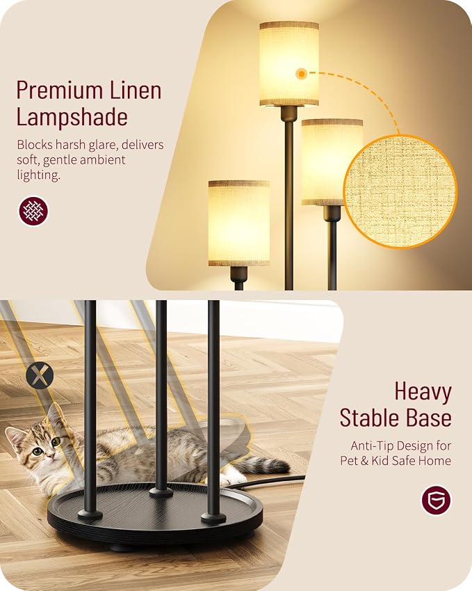 Floor Lamp with Shelves, 3-Light Floor Lamps for Living Room, Modern Standing Lamp with Linen Shades and Foot Switch, 66.1'' Tall Corner Lamp for Bedroom, Office, E26 Base, Black and Beige