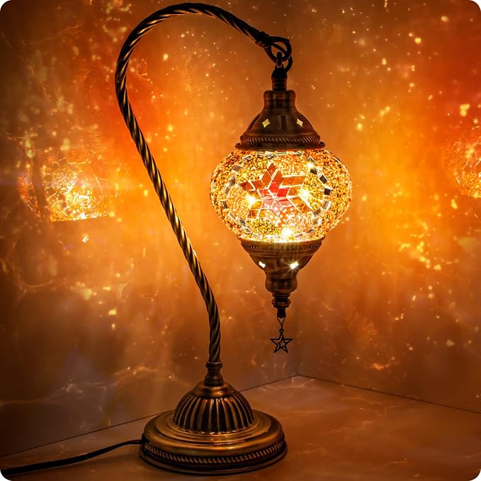 Yarra-Decor Turkish Moroccan Lamp with Bronze Base 3 Color Options Handmade Swan Neck Mosaic Glass Bedside Lamps for Bedroom (LED Bulb Included)(Red2)