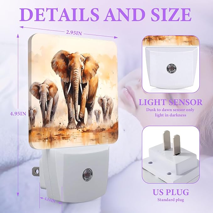 African Elephant Night Light,Plug-in Night Lights with Dusk-to-Dawn Sensor for Bedroom,Bathroom and Living Room Sleep Friendly lamp 0.5w
