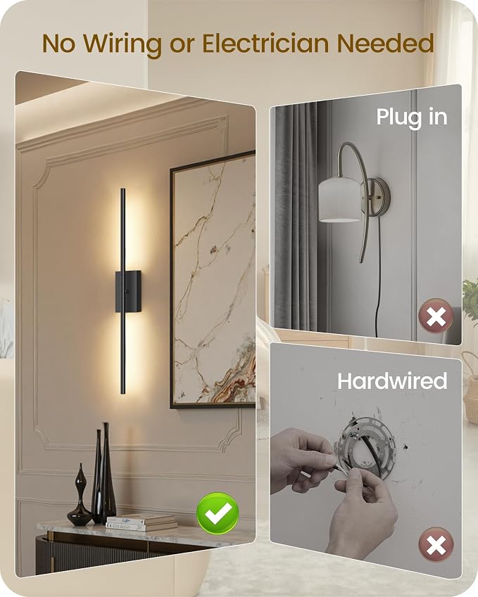 27.6" Wireless Wall Sconces Battery Operated Set of 2, Rechargeable Lamps with Remote, 360° Rotation, 10000mAh, Touch Dimmable Lights for Bedroom, Living Room, Hallway, Black B06YBP205