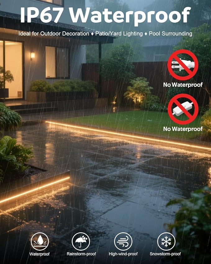 Aclorol 120V COB LED Strip Lights Warm White 3000K Flexible LED Lights 50FT | Outdoor Rope Lights Waterproof IP67, with ON-OFF Switch and Self-Adhesive, for Bedroom Backyard Patio Commercial Decoration