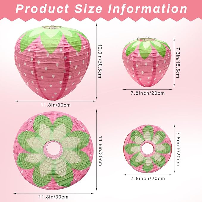 4 PCS Strawberry Paper Lantern Pink, Windspeed Large Strawberry Lantern Decorations Hanging Paper Lantern for Strawberry Party Decor 3D Strawberry Paper Lanterns 8 inch, 12 inch