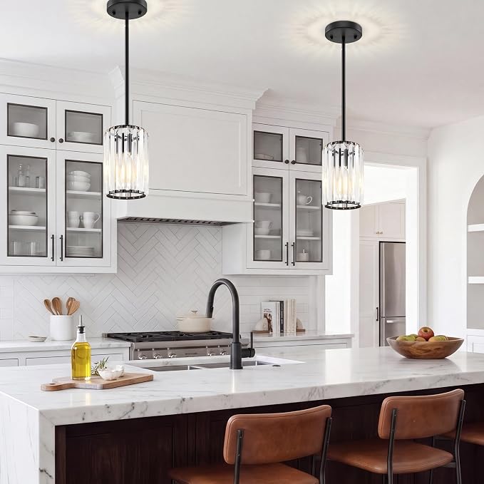 Black Pendant Light, Modern Crystal Pendant Lights Kitchen Island, Kitchen Island Lighting with Adjustable Height, UL Certified Island Lights for Kitchen Dining Room Bedroom Hallway 2 Pack