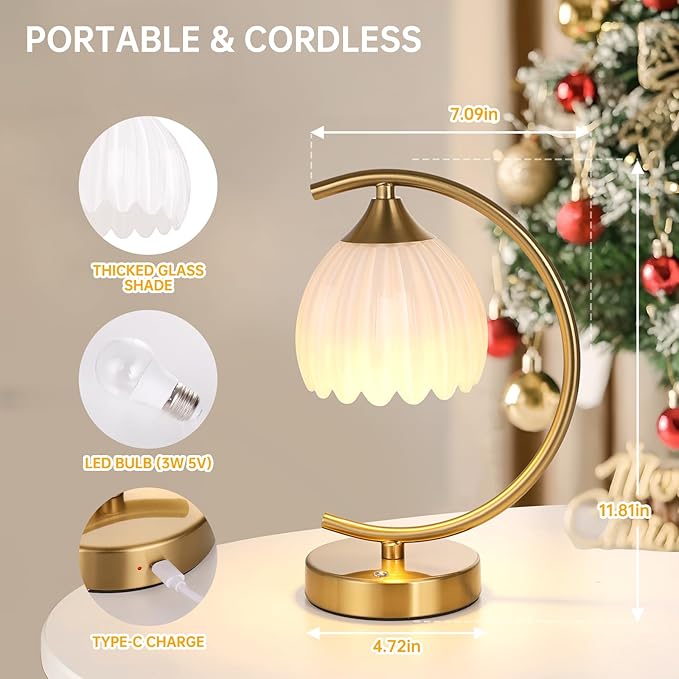 Set of 2 Tulip Table Lamp, 5200mAh Cordless Touch Control Table Lamps with 3 Color Temps & Stepless Dimming, Rechargeable Battery Table Lamp for Living Room, Bedroom, Shelf (White Tulip)