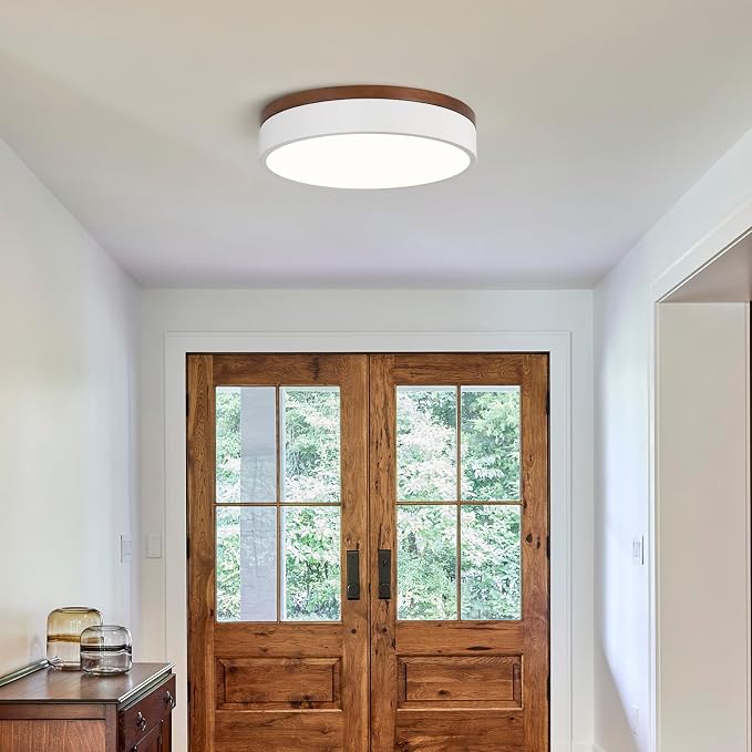 12" Minimalist White and Walnut Wood LED Flush Mount Ceiling Light | Natural Wood Accent, Integrated LED, 5CCT Before Installation, Slim Low-Profile Design, Minimalist Modern Style, Compact Size
