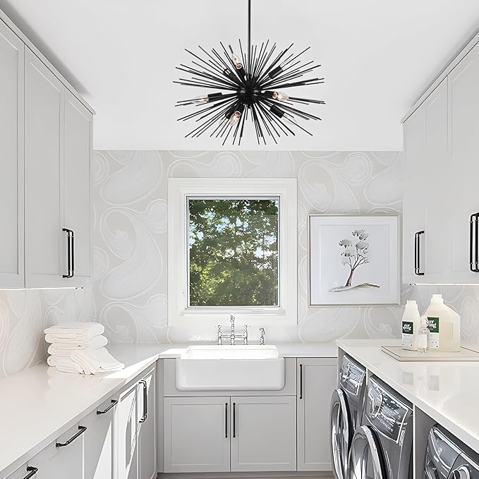 24in Black Sputnik Chandelier Mid Century Modern 9-Lights Starburst Chandelier Solid Metal Firework Urchin Satellite Chandeliers for Dining Room, Kitchen, Bedroom, Living Room, Foyer, E12