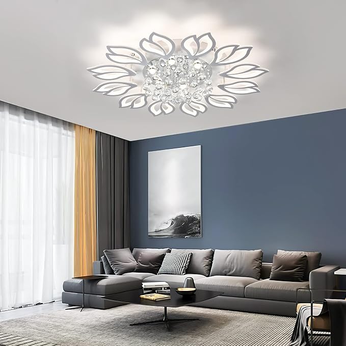Garwarm 40.7 Inch Modern Crystal Flower LED Ceiling Light with Remote,White | Low-Profile Dimmable Flush Mount Chandelier with Memory for Large Living Room, Bedroom, Dining Room, Kitchen and Office