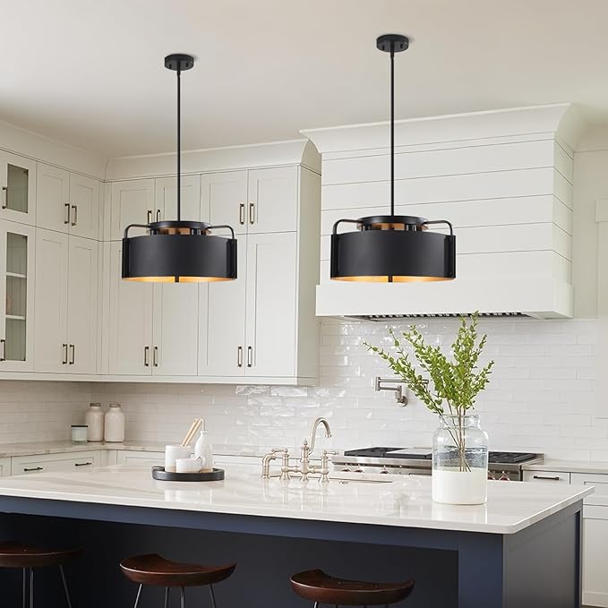 Chandeliers for Dining Room, Matte Black Industrial Drum Chandeliers 18" Large 4-Light Farmhouse Chandelier for Foyer Entryway Kitchen Hallway Bedroom, E26 Base(Not Included Bulb)