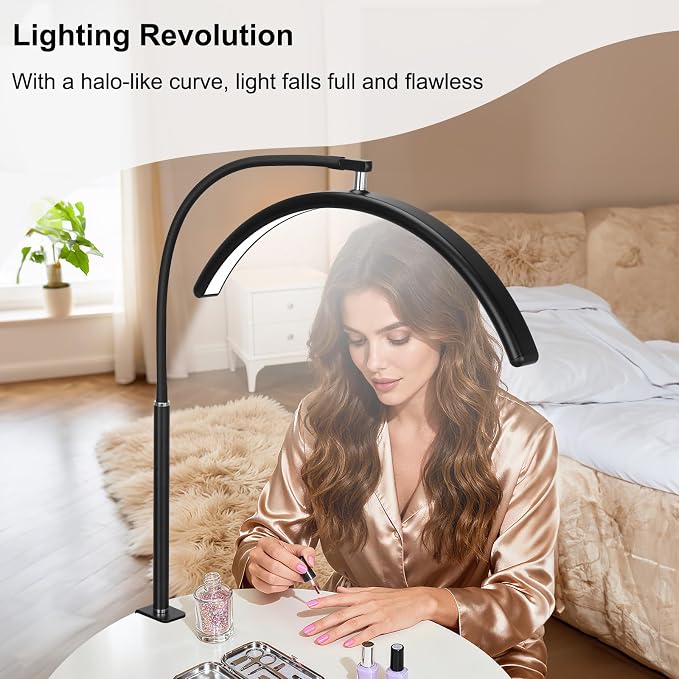 Professional Half Moon LED Desk Light for Nail Techs & Artists – Flexible Gooseneck Lamp with Clamp, 5 Color Modes & 5 Brightness Levels for Manicure, Tattoo, Beauty Work
