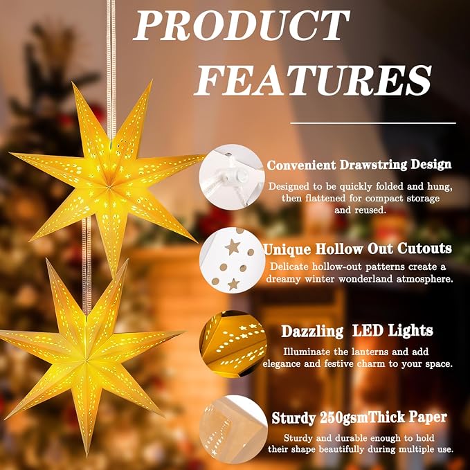 Large Paper Star Lanterns with Lights, 3D Hollow Out Christmas Paper Lanterns, 6Pcs Foldable Decorative Christmas Hanging Decorations for Xmas Wedding New Year Party Home Decor Indoor