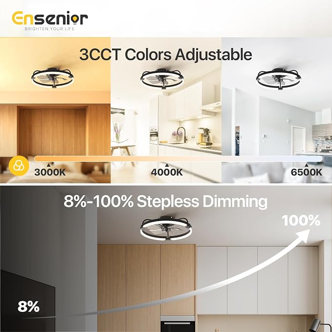 Ensenior 20 Inch Flush Mount Ceiling Fans with Lights, APP Control, Black | Quiet Reversible Motor, Night Light Mode, 6 Speeds, 3CCT, Dimmable, Low Profile, Remote, Memory Function, Timer, Bedroom