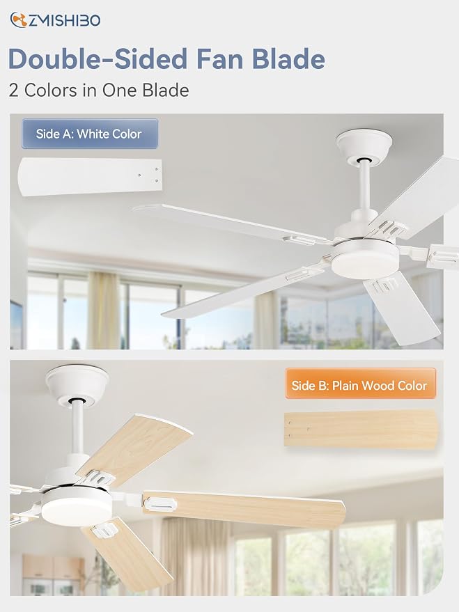 ZMISHIBO 52" Ceiling Fans with Lights and Remote, White Modern for Indoor | 24W 2400LM Bright LED, 3CCT, Dimmable, App Control, Farmhouse Dual Finish Blades, Quiet&Strong Motor for Bedroom, Living Room