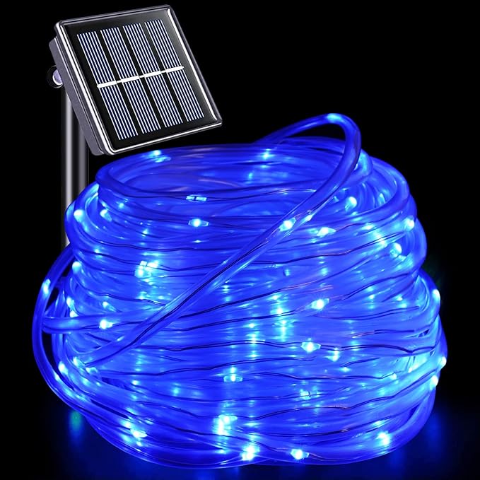 YEGUO Solar Rope Light Outdoor Waterproof, 66ft 200 LED Blue String Lights, 8 Modes Tube Christmas Lights in Clear Thin Tube