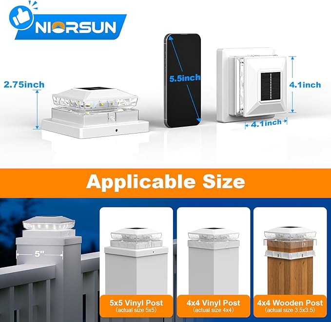 NIORSUN Solar Post Cap Lights Outdoor Waterproof, 2 Lighting Modes 4x4 Post Solar Lights, Fence Posts Solars Light for Deck Patio Garden Decoration, 4x4 Posts Caps Wood Vinyl, 6 Pack (White)