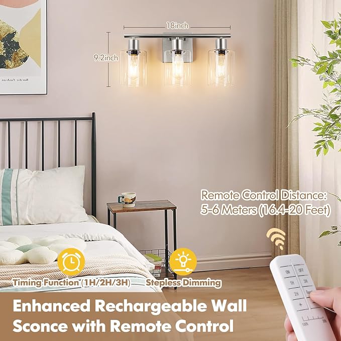 Battery Operated Wall Sconce, 3-Light Dimmable Rechargeable Vanity Light Fixture with Remote & Bulbs, 3-Light Silver Wireless Indoor Non-Hardwired Wall Lamp for Bedroom, Living Room, Cabinet, Porch
